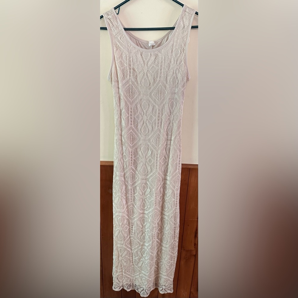 NO BRAND LISTED size 10, cream colored, crocheted,sleeveless midi to maxi dress.